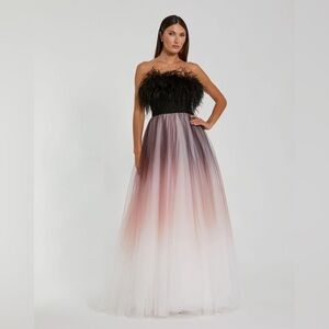 Mac Duggal 20557 NWT Black Ombre Strapless Feather Bodice Tulle Gown